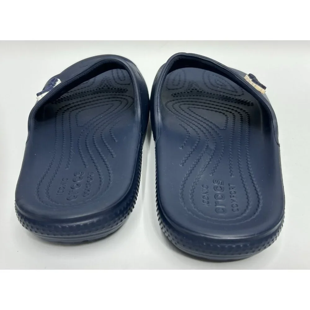 NEW Crocs Classic Slides Sandals M7/W9 Slip On Navy Blue Unisex Croc Logo Charm